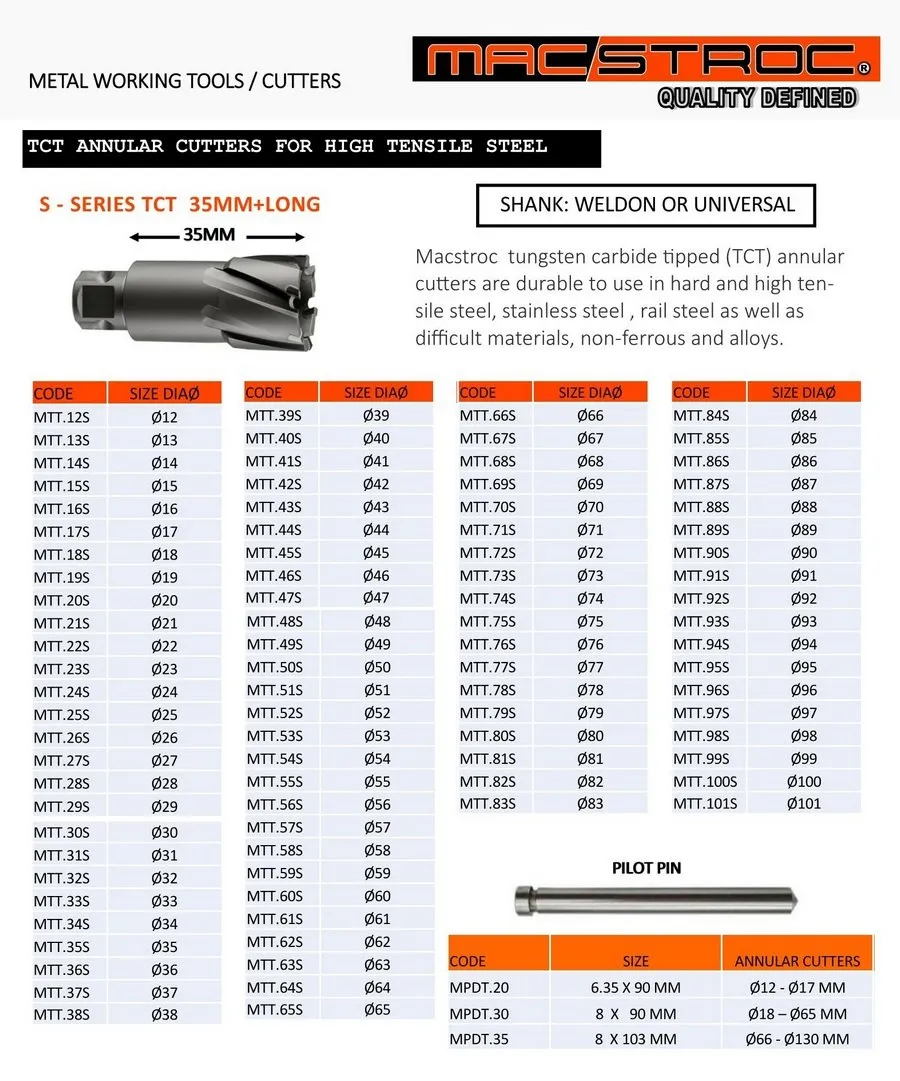Buy Ø 14X35 MM LONG TCT ANNULAR CUTTER MTT.14S TUNGSTEN CARBIDE